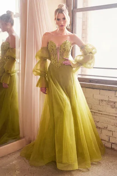 Greenery Strapless Ball Gown With Removable Sleeves