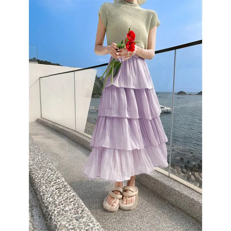 High-Waisted Glossy Pleated Pearl Luster Layered Midi Skirt