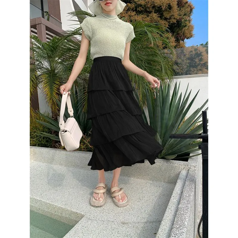 High-Waisted Glossy Pleated Pearl Luster Layered Midi Skirt