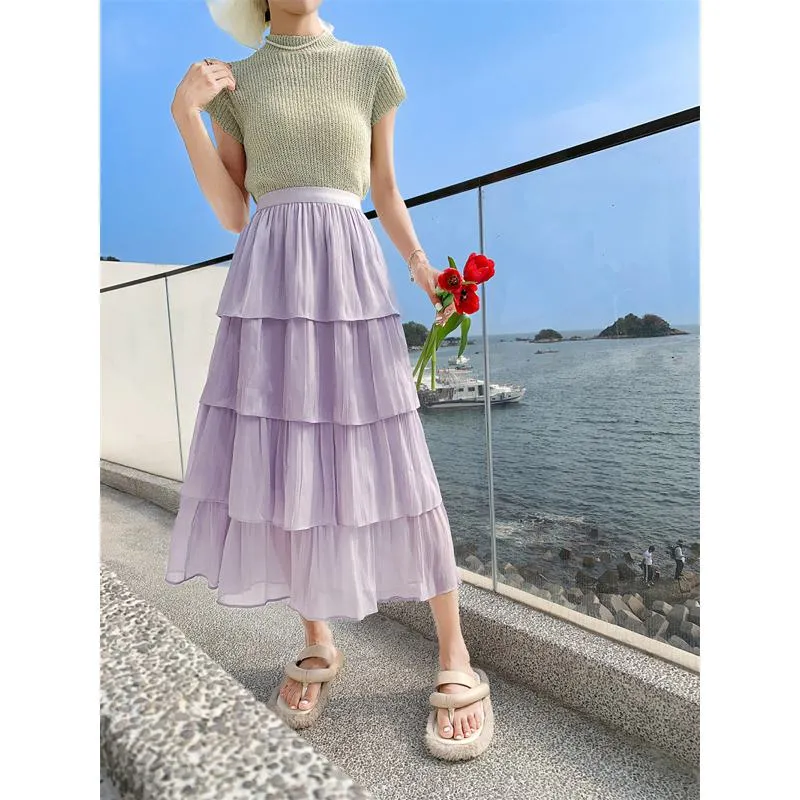 High-Waisted Glossy Pleated Pearl Luster Layered Midi Skirt