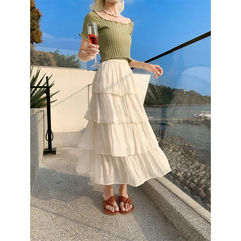 High-Waisted Glossy Pleated Pearl Luster Layered Midi Skirt