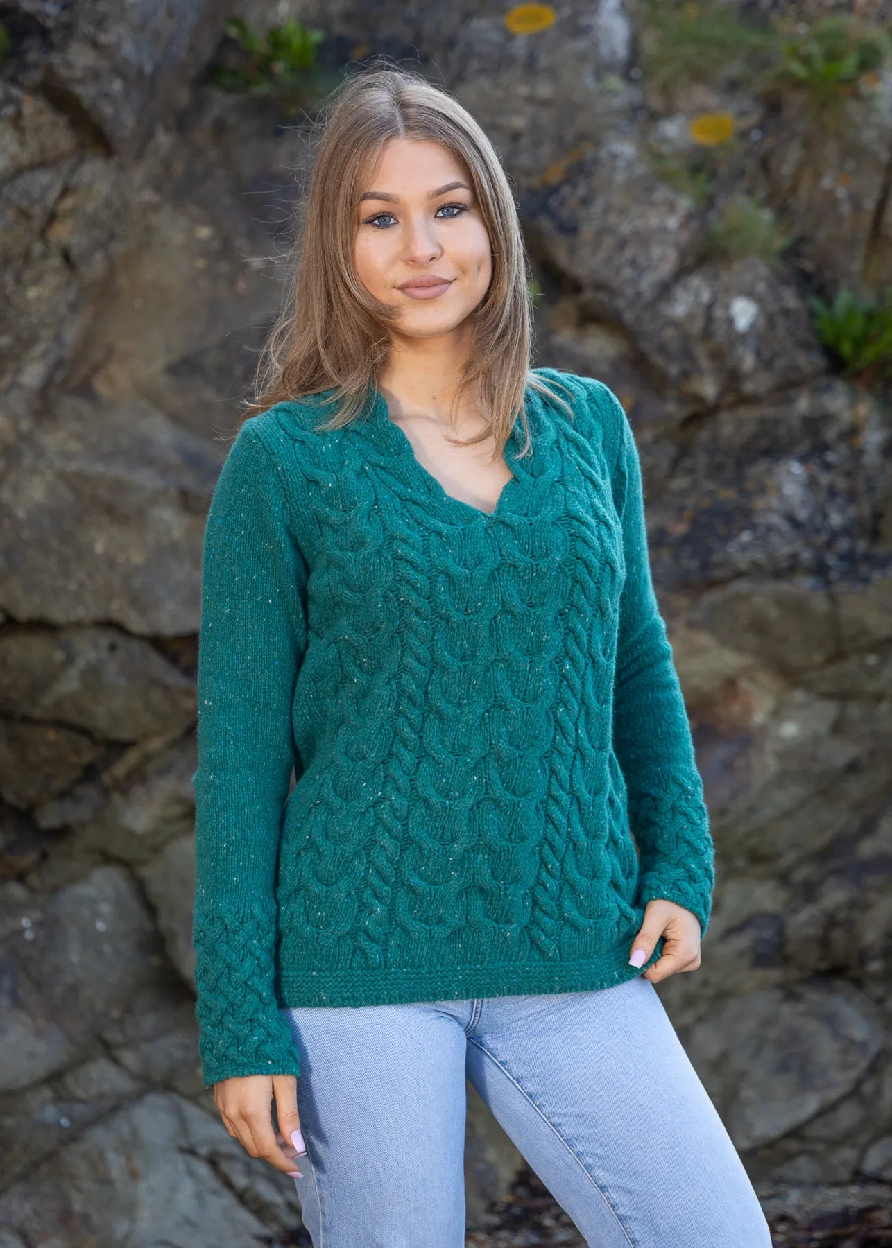 IrelandsEye Women's V Neck Aran Sweater | Green Garden