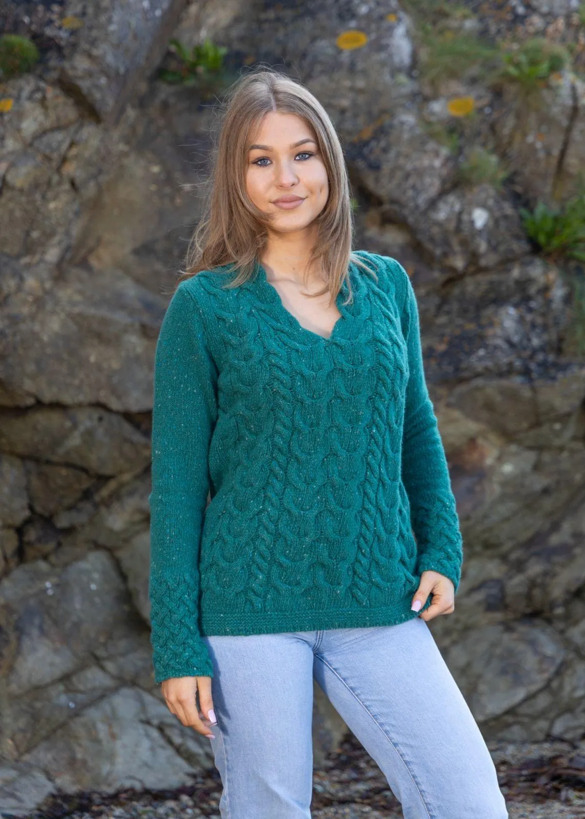 IrelandsEye Women's V Neck Aran Sweater | Green Garden