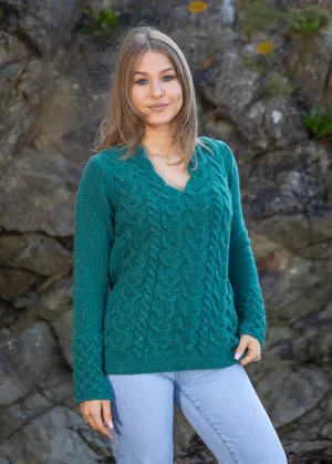 IrelandsEye Women's V Neck Aran Sweater | Green Garden