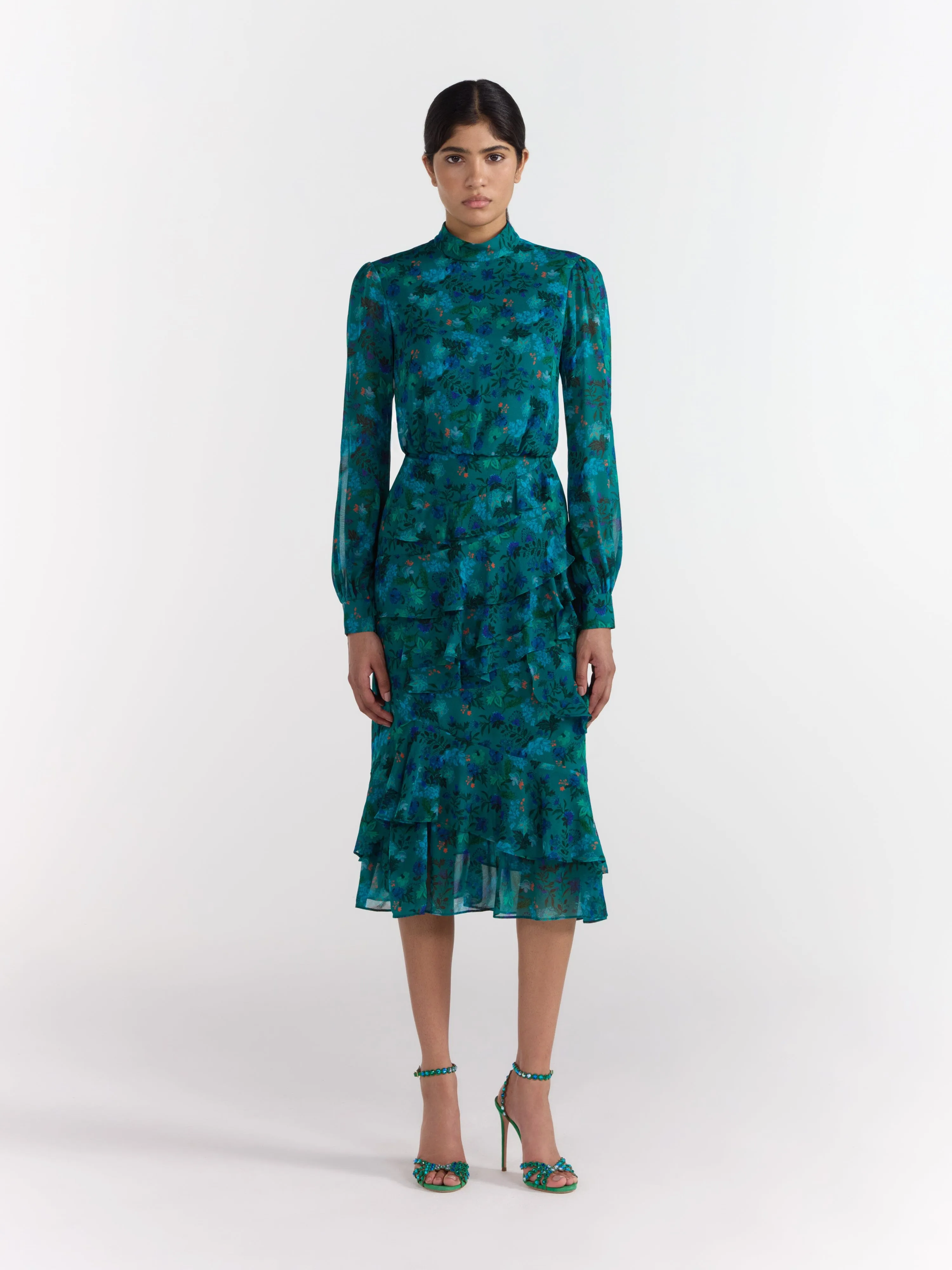 Isa Ruffle Dress in Flori Peacock