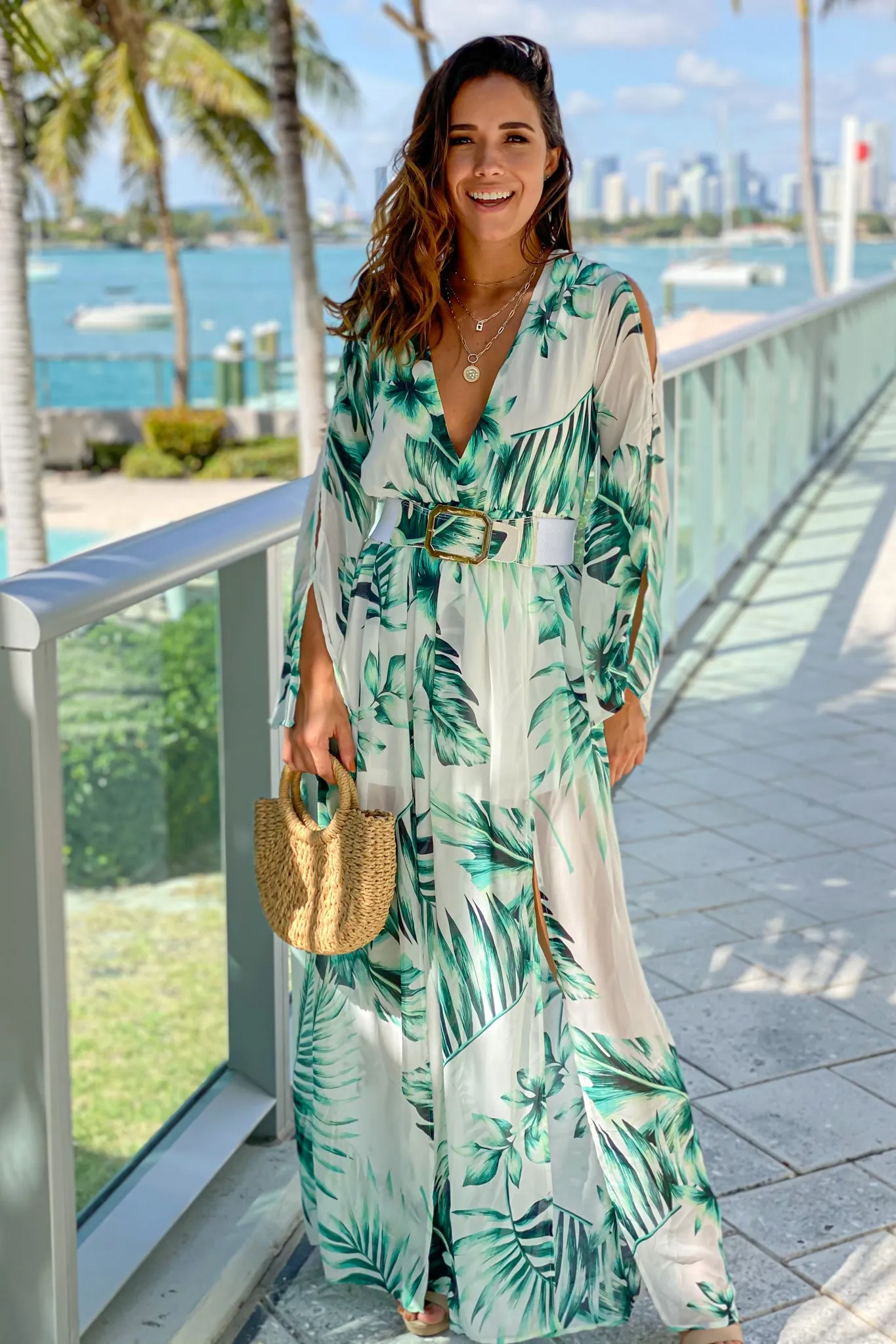 Ivory Tropical Chiffon Maxi Dress With Belt