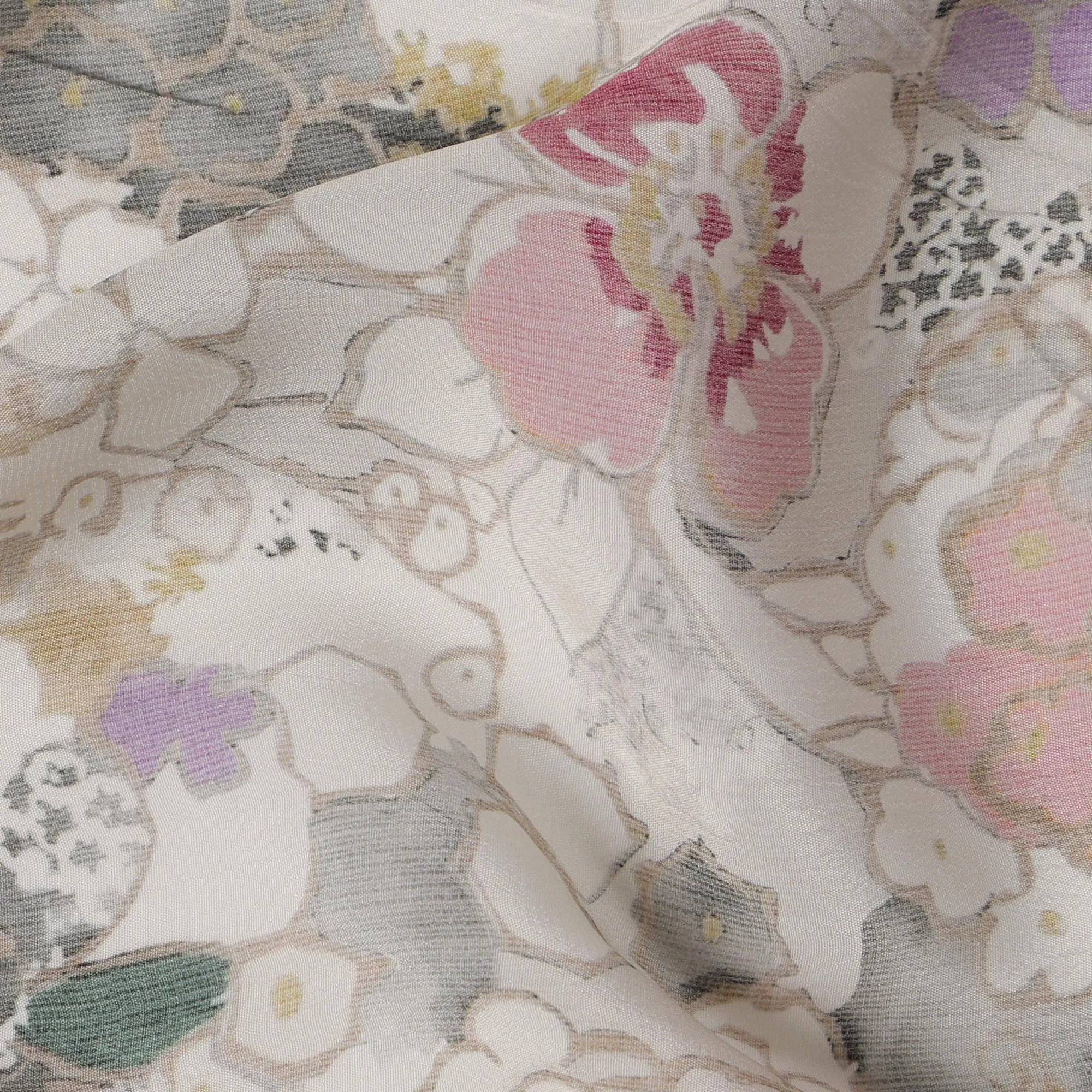 Ivory White Viscose Digital Printed Fabric with Soft Floral Design, 110 cm Width-D21307