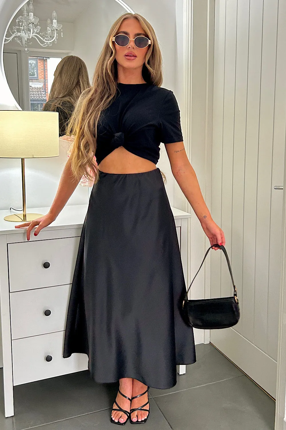 Jada Black Satin Maxi Skirt