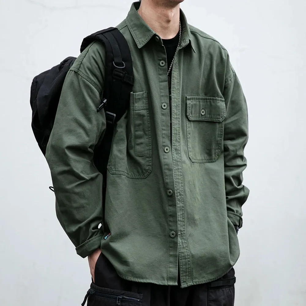 Japanese Streetwear Loose Shirt Men Clothing - Vintage Casual Long Sleeve Cargo Coat