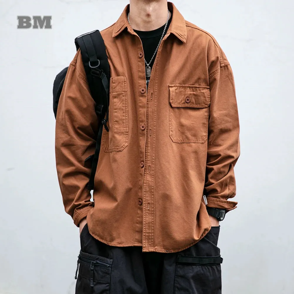 Japanese Streetwear Loose Shirt Men Clothing - Vintage Casual Long Sleeve Cargo Coat