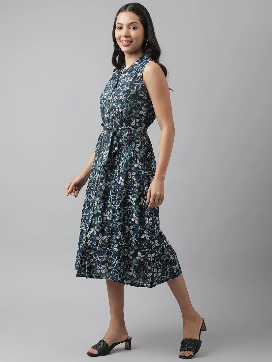 Jashvi Rayon Navy Blue A-Line Floral Printed Midi Dress