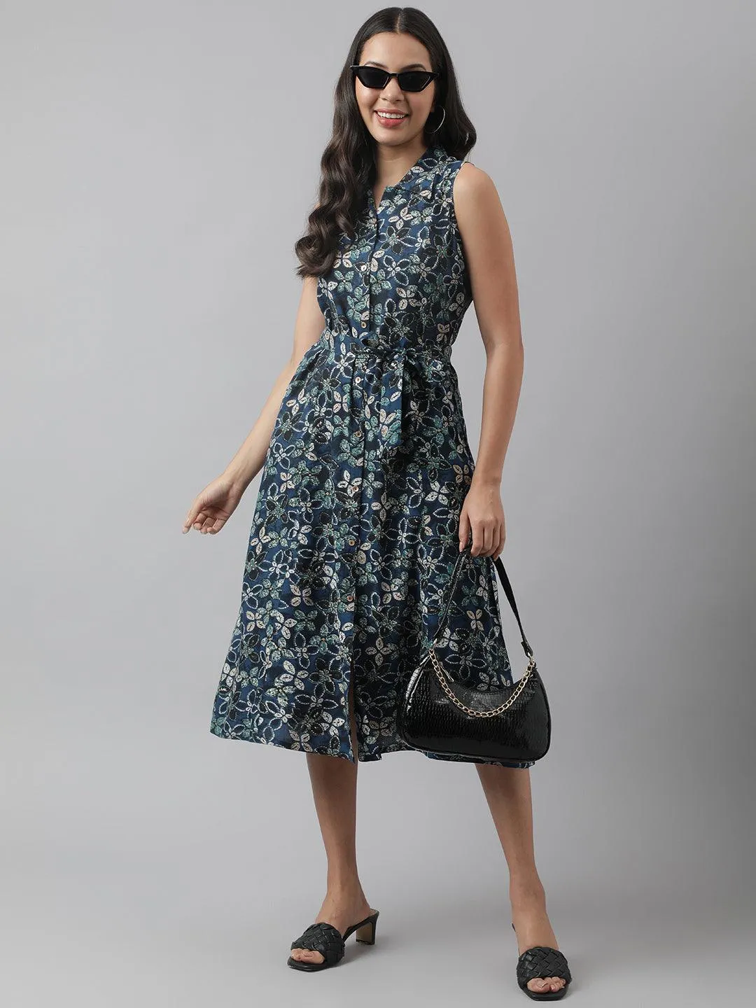 Jashvi Rayon Navy Blue A-Line Floral Printed Midi Dress