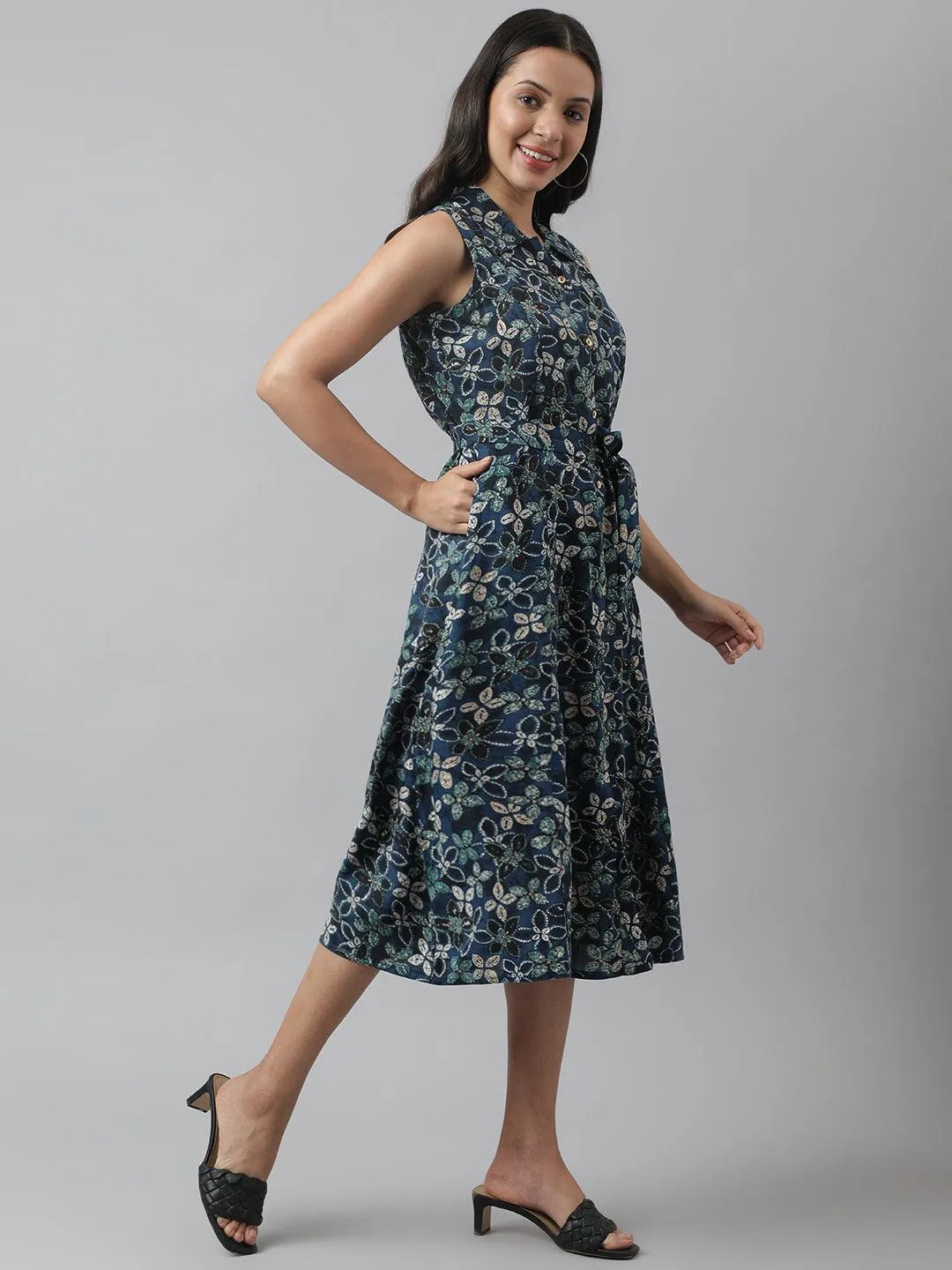 Jashvi Rayon Navy Blue A-Line Floral Printed Midi Dress