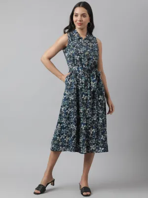 Jashvi Rayon Navy Blue A-Line Floral Printed Midi Dress