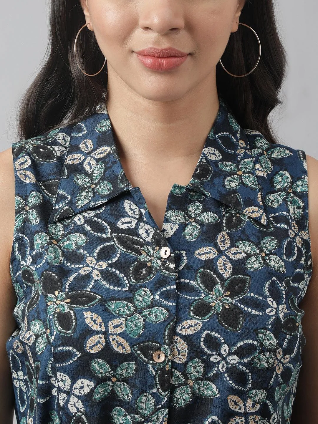 Jashvi Rayon Navy Blue A-Line Floral Printed Midi Dress