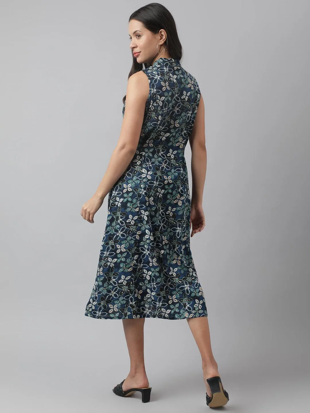 Jashvi Rayon Navy Blue A-Line Floral Printed Midi Dress