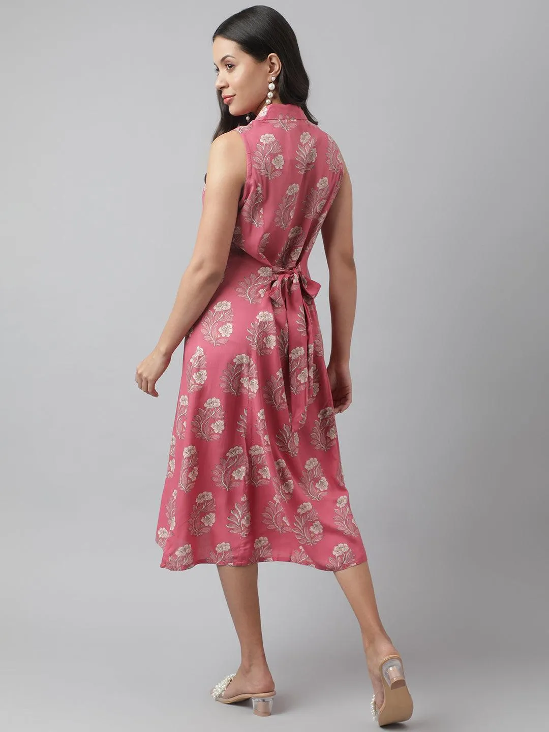 Jashvi Rayon Rose Pink A-Line Floral Printed Midi Dress