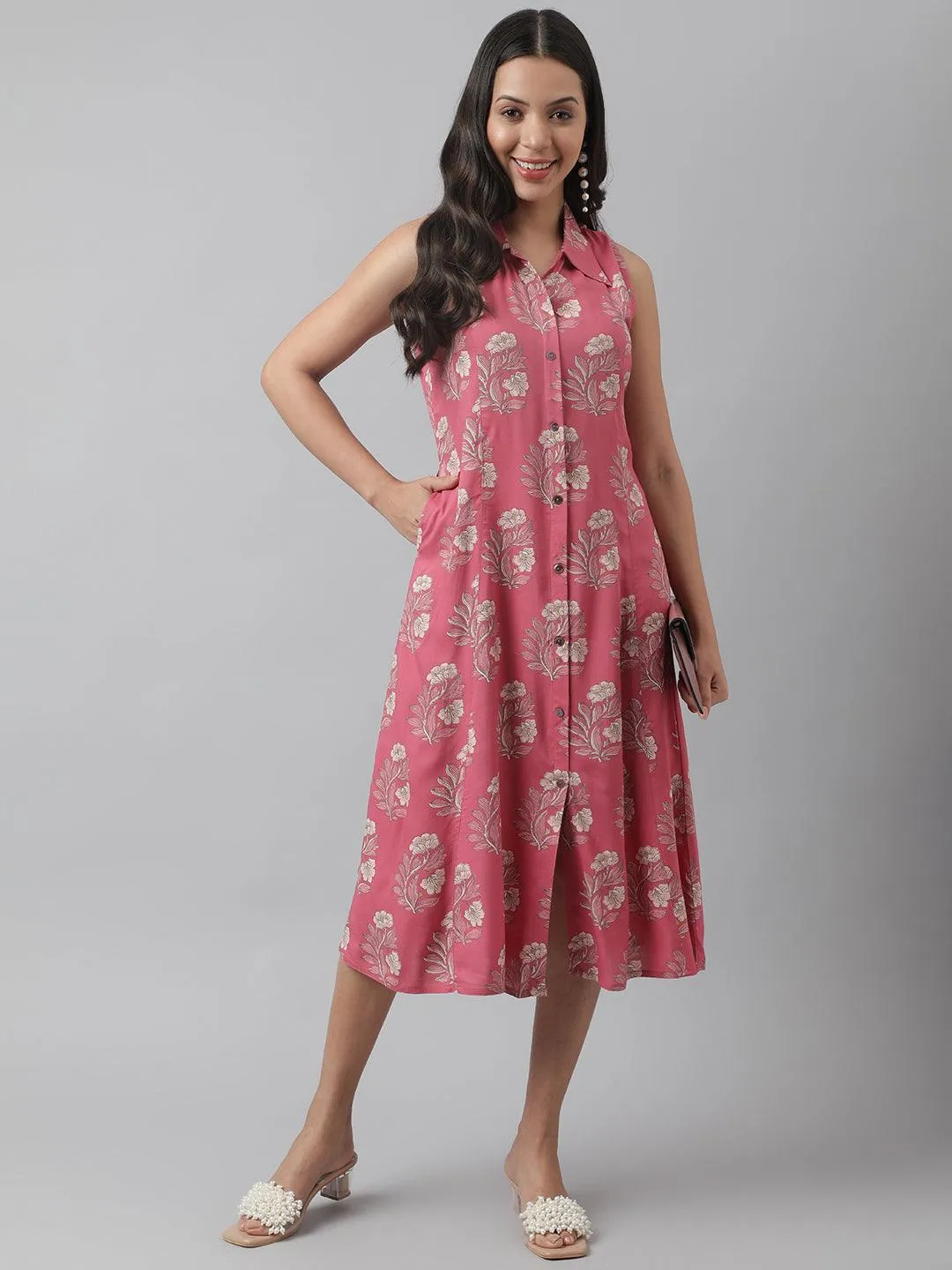 Jashvi Rayon Rose Pink A-Line Floral Printed Midi Dress