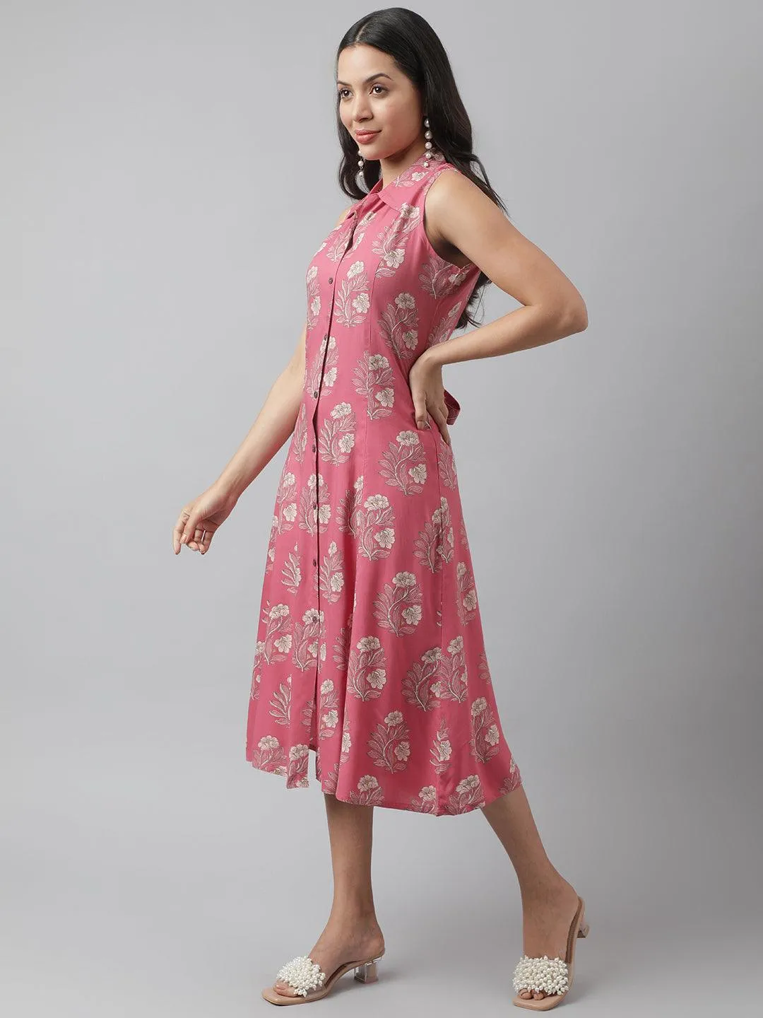 Jashvi Rayon Rose Pink A-Line Floral Printed Midi Dress