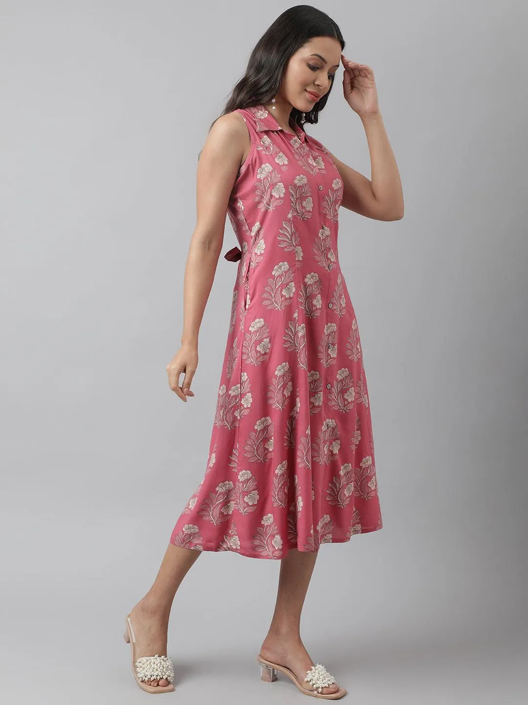 Jashvi Rayon Rose Pink A-Line Floral Printed Midi Dress