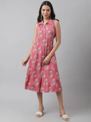 Jashvi Rayon Rose Pink A-Line Floral Printed Midi Dress