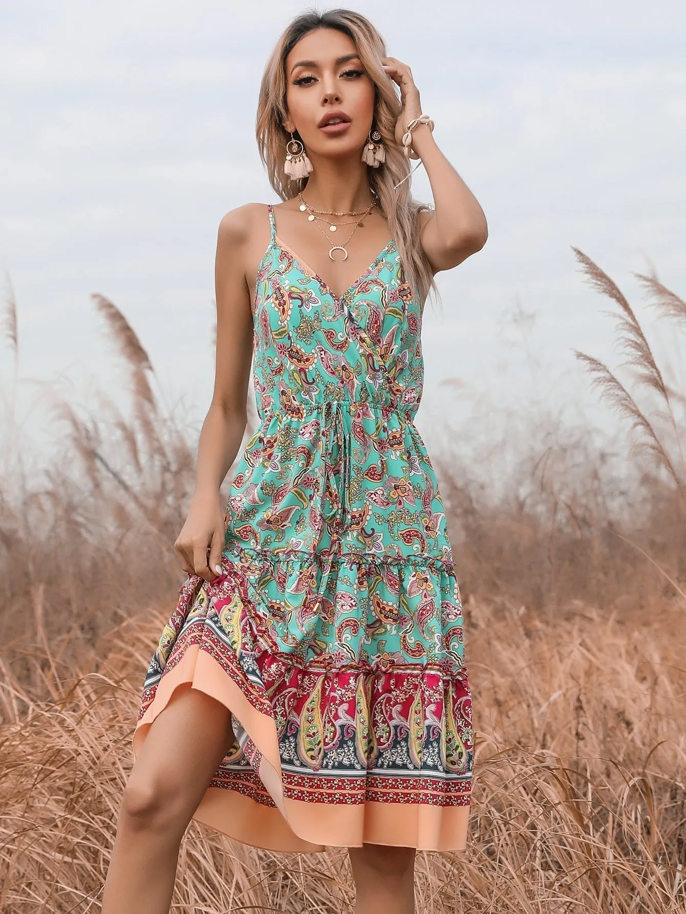 KittenAlarm - boho Floral print Sleeveless ruffle hem Belted Wrap Cami Dress