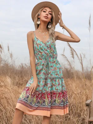 KittenAlarm - boho Floral print Sleeveless ruffle hem Belted Wrap Cami Dress