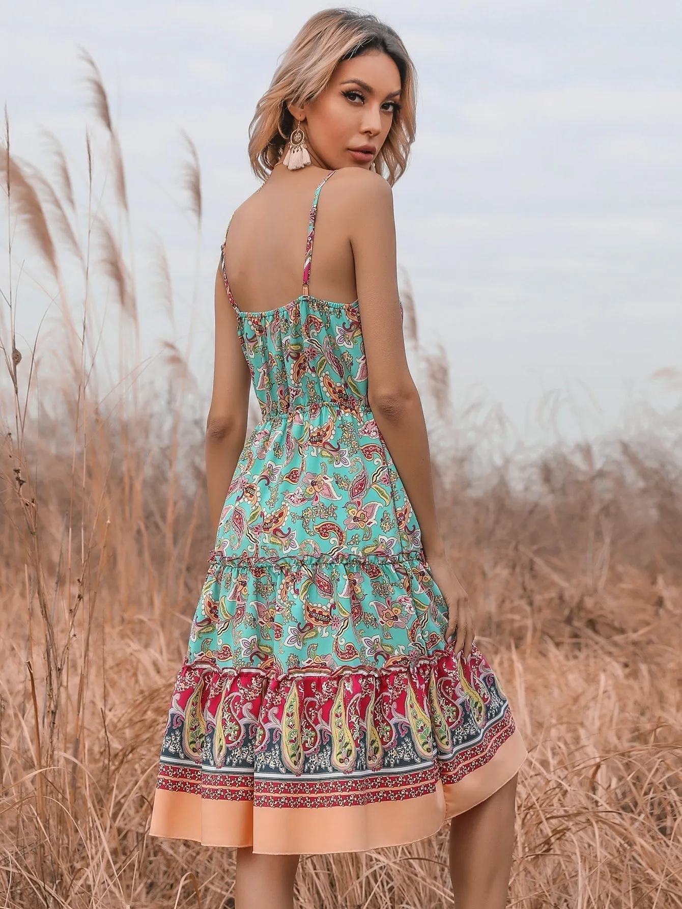 KittenAlarm - boho Floral print Sleeveless ruffle hem Belted Wrap Cami Dress