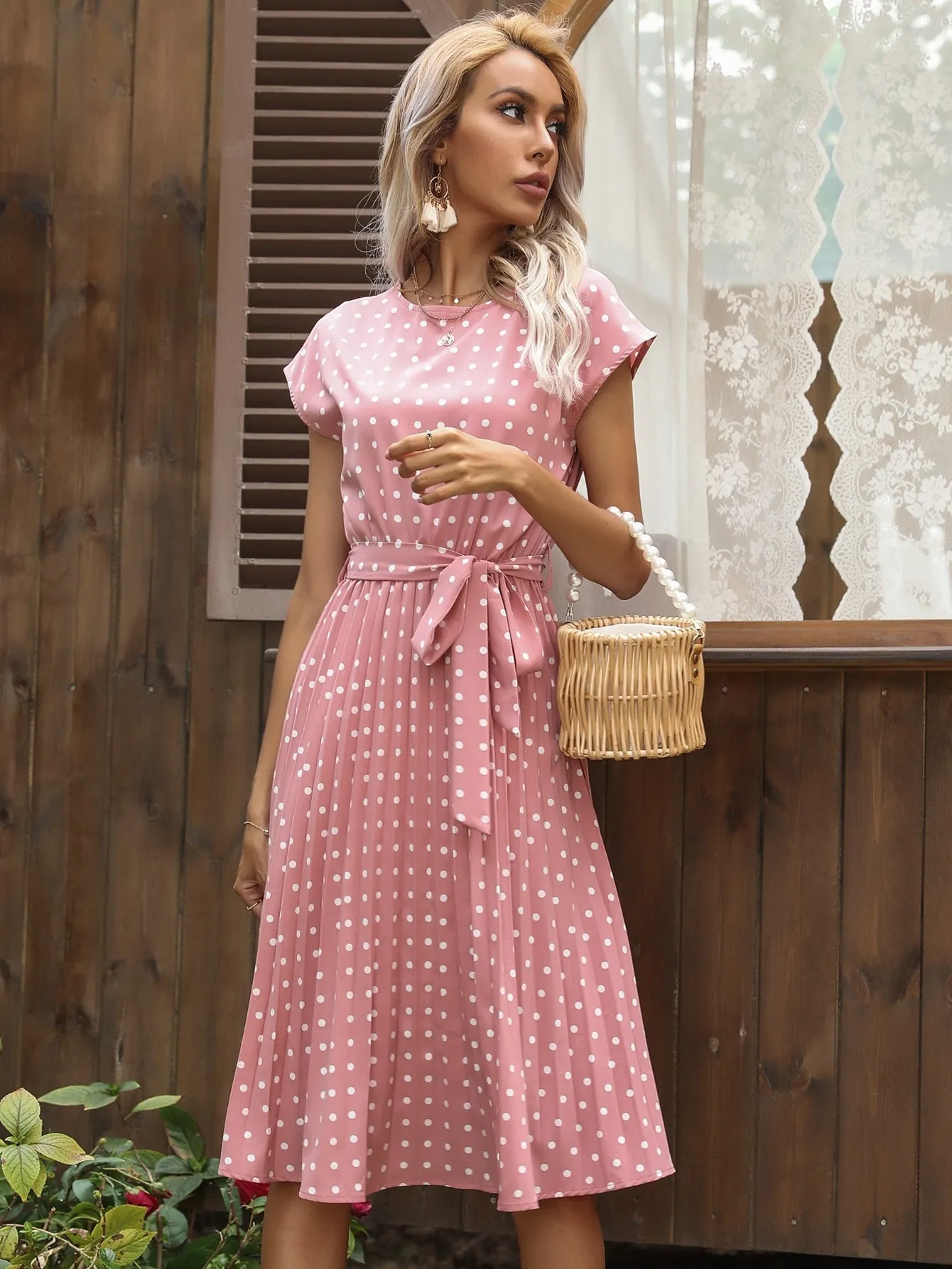 KittenAlarm - Polka Dot print Belted Pleated A-line Dress