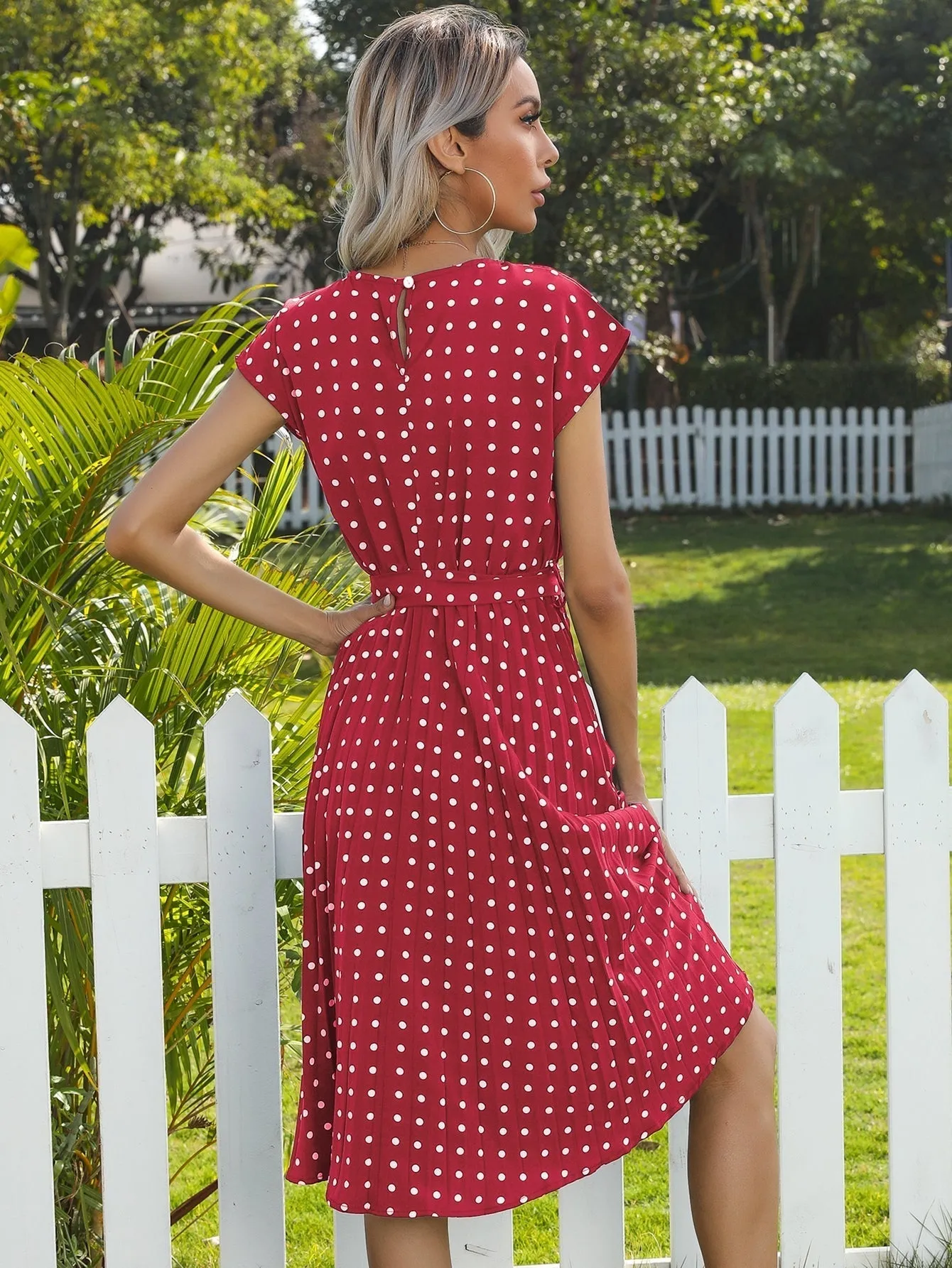 KittenAlarm - Polka Dot print Belted Pleated A-line Dress