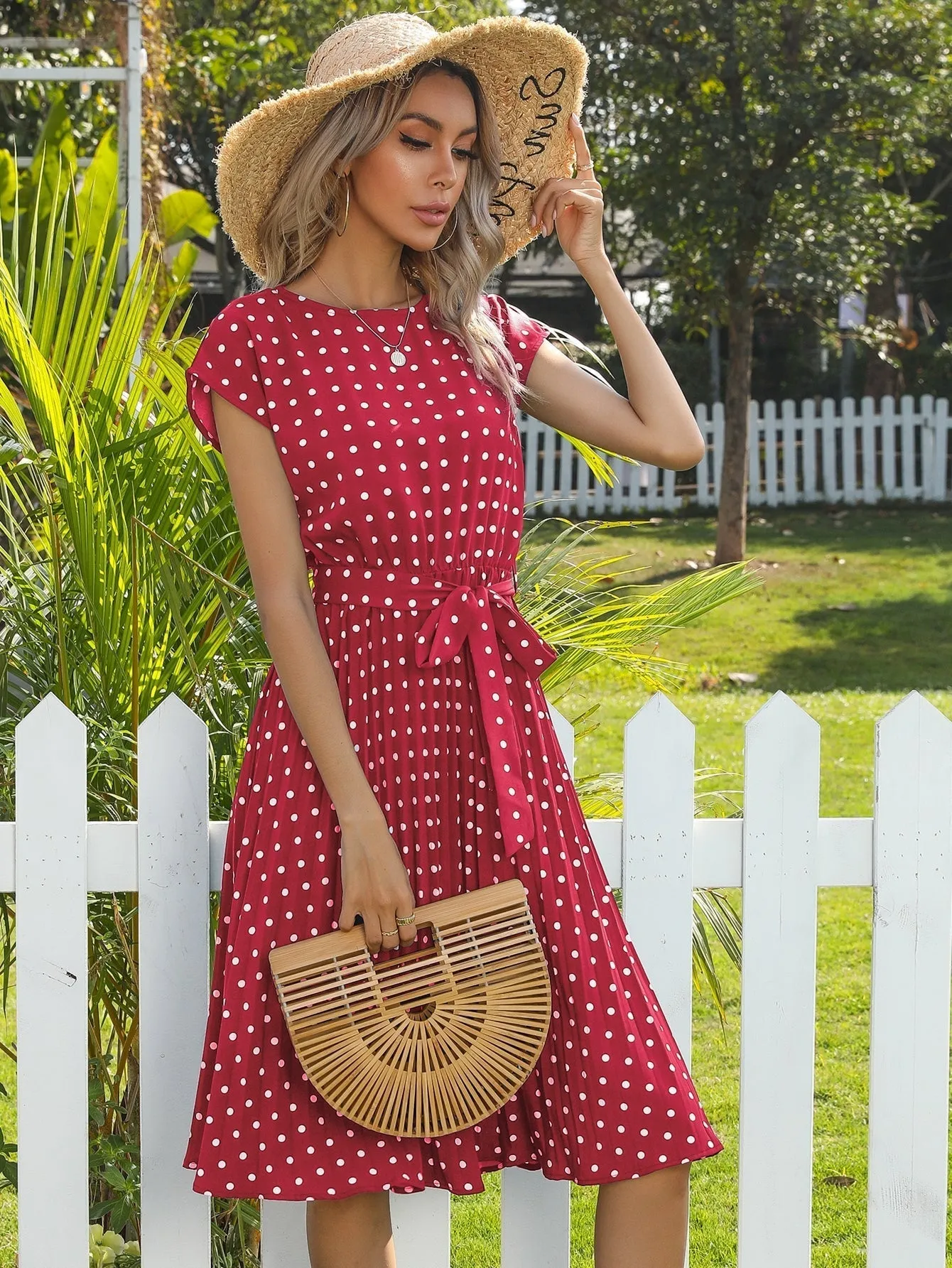 KittenAlarm - Polka Dot print Belted Pleated A-line Dress