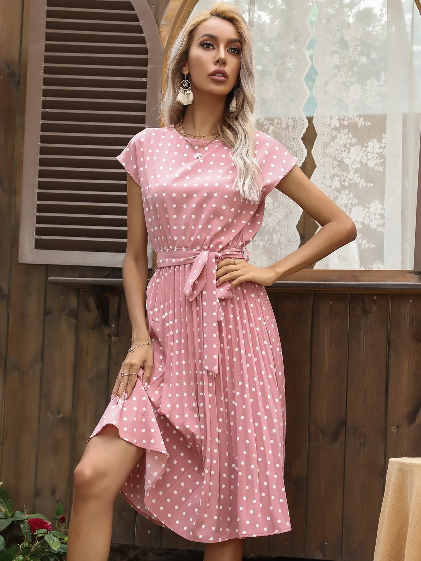 KittenAlarm - Polka Dot print Belted Pleated A-line Dress