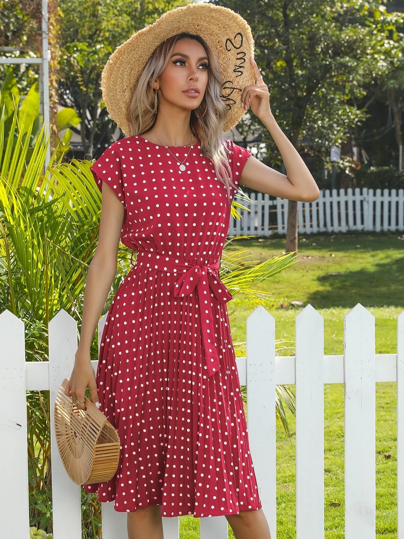 KittenAlarm - Polka Dot print Belted Pleated A-line Dress