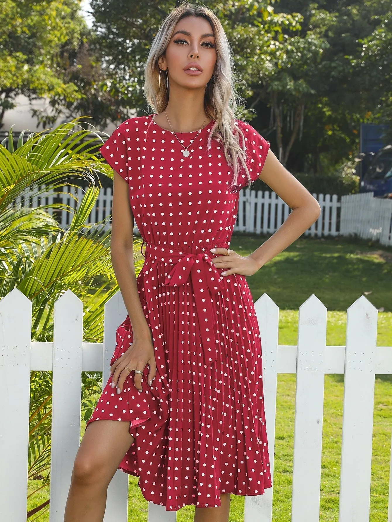 KittenAlarm - Polka Dot print Belted Pleated A-line Dress