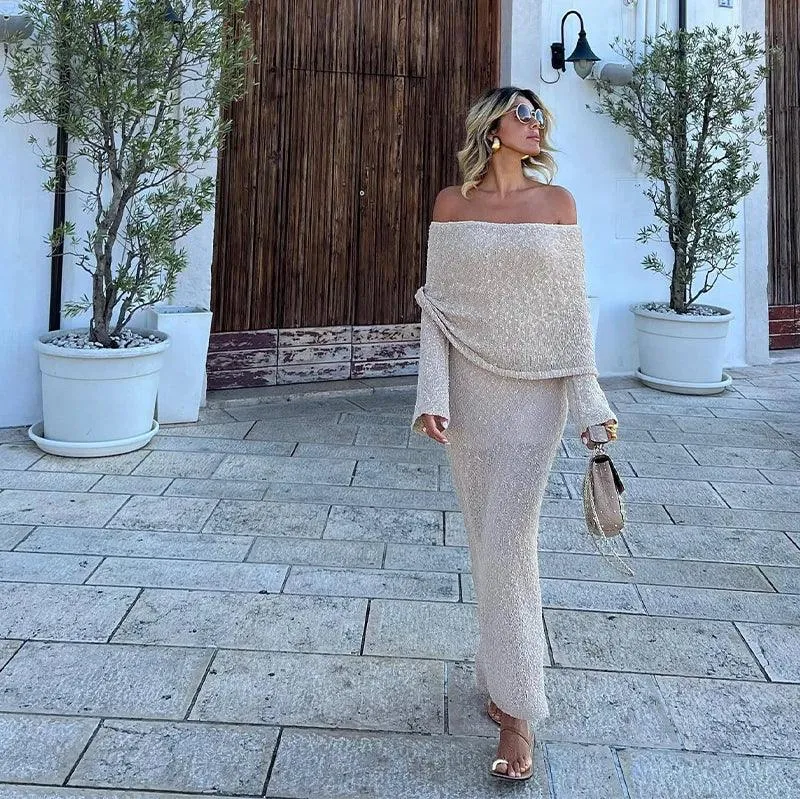 Knitted Off-The-Shoulder Maxi Dress: Chic Summer Beachwear - Shop Now!