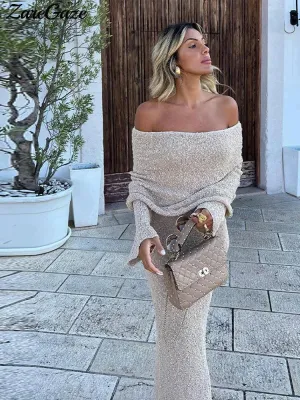 Knitted Off-The-Shoulder Maxi Dress: Chic Summer Beachwear - Shop Now!