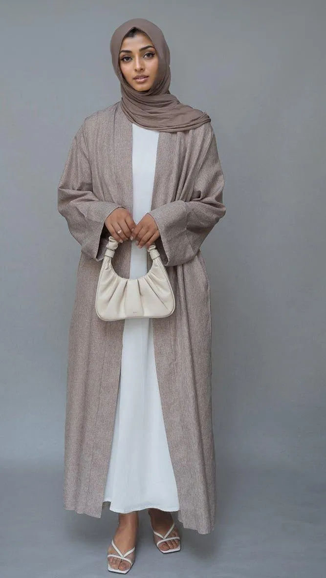 Lounia maxi throw over abaya in light linen fabric with a detachable belt