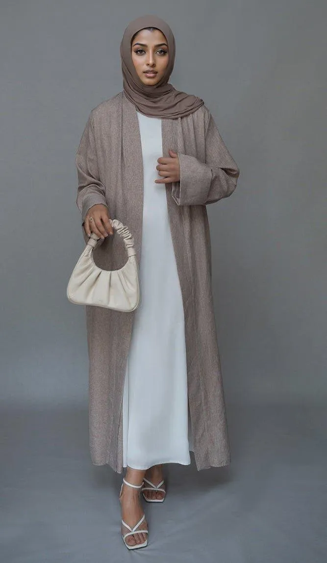 Lounia maxi throw over abaya in light linen fabric with a detachable belt