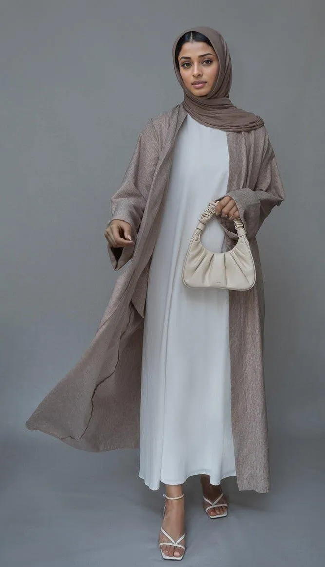 Lounia maxi throw over abaya in light linen fabric with a detachable belt