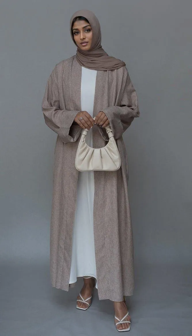 Lounia maxi throw over abaya in light linen fabric with a detachable belt