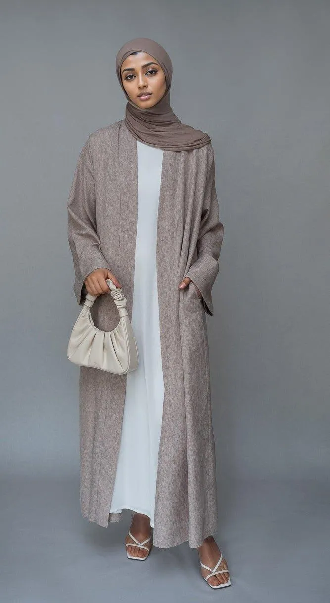 Lounia maxi throw over abaya in light linen fabric with a detachable belt