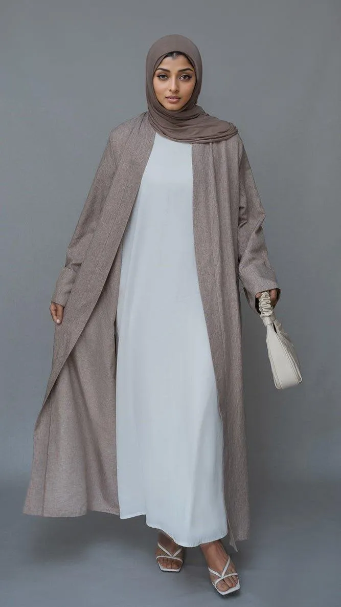 Lounia maxi throw over abaya in light linen fabric with a detachable belt