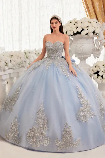 Lt Blue Strapless Layered Ball Gown With Bow Detail