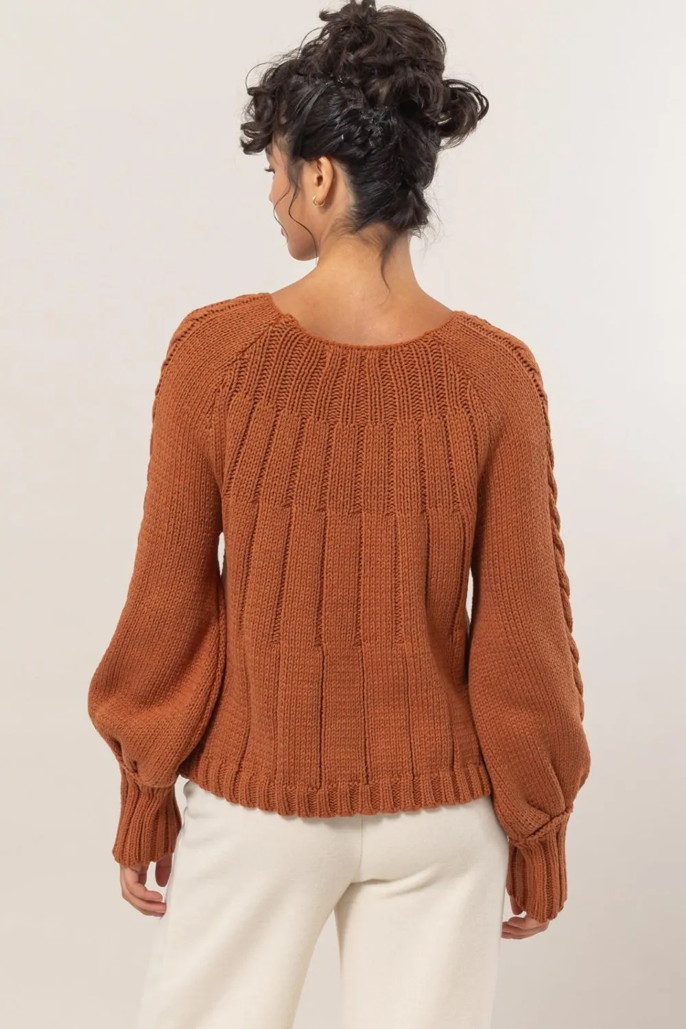 Marisa Cable-Knit Round Neck Raglan Sleeve Sweater