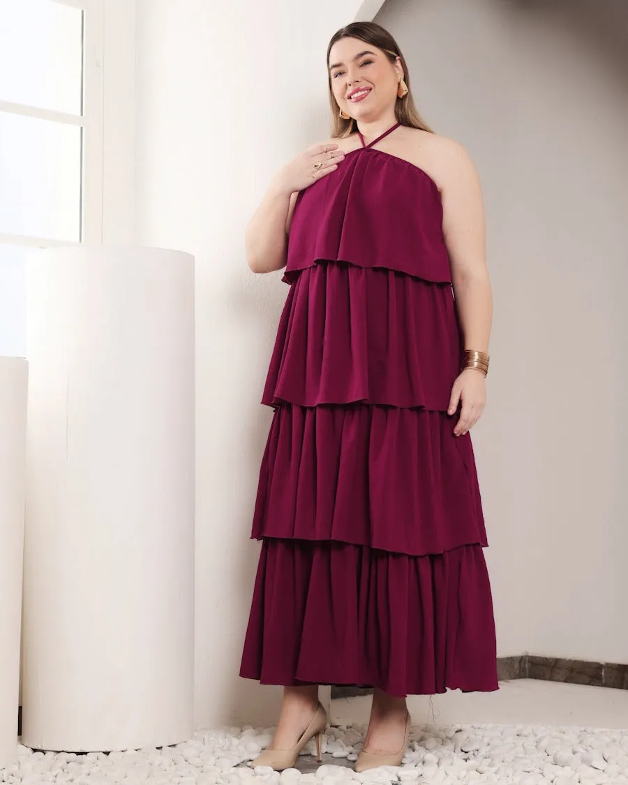 Maroon Solid Layered Off Shoulder Dress