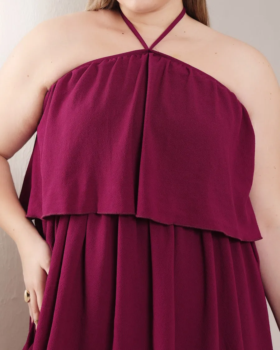 Maroon Solid Layered Off Shoulder Dress