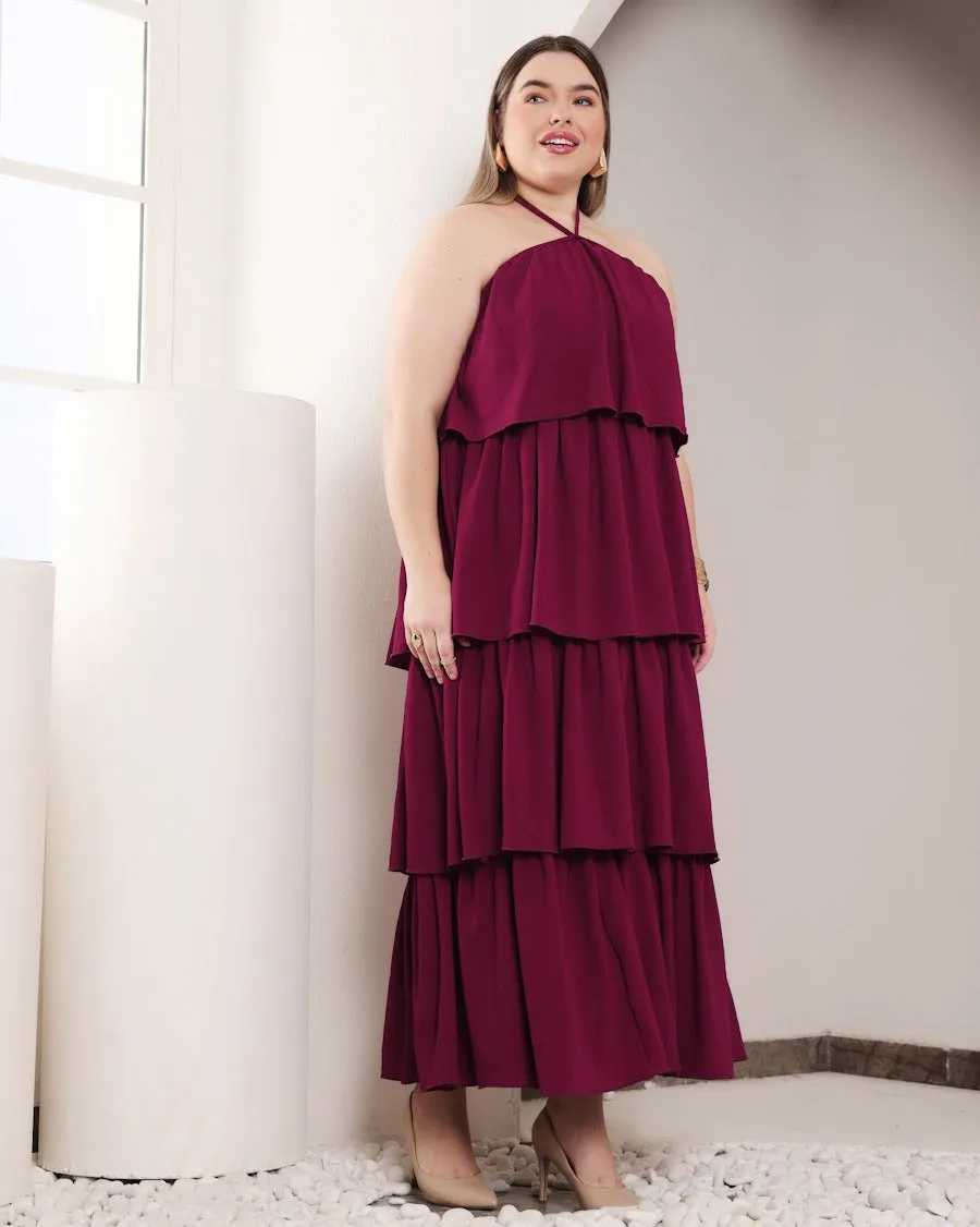 Maroon Solid Layered Off Shoulder Dress