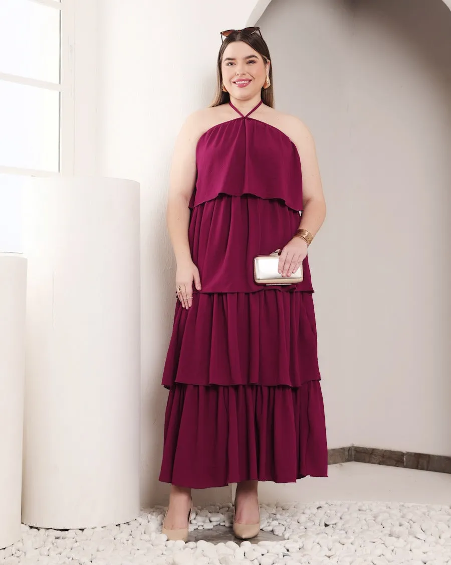 Maroon Solid Layered Off Shoulder Dress