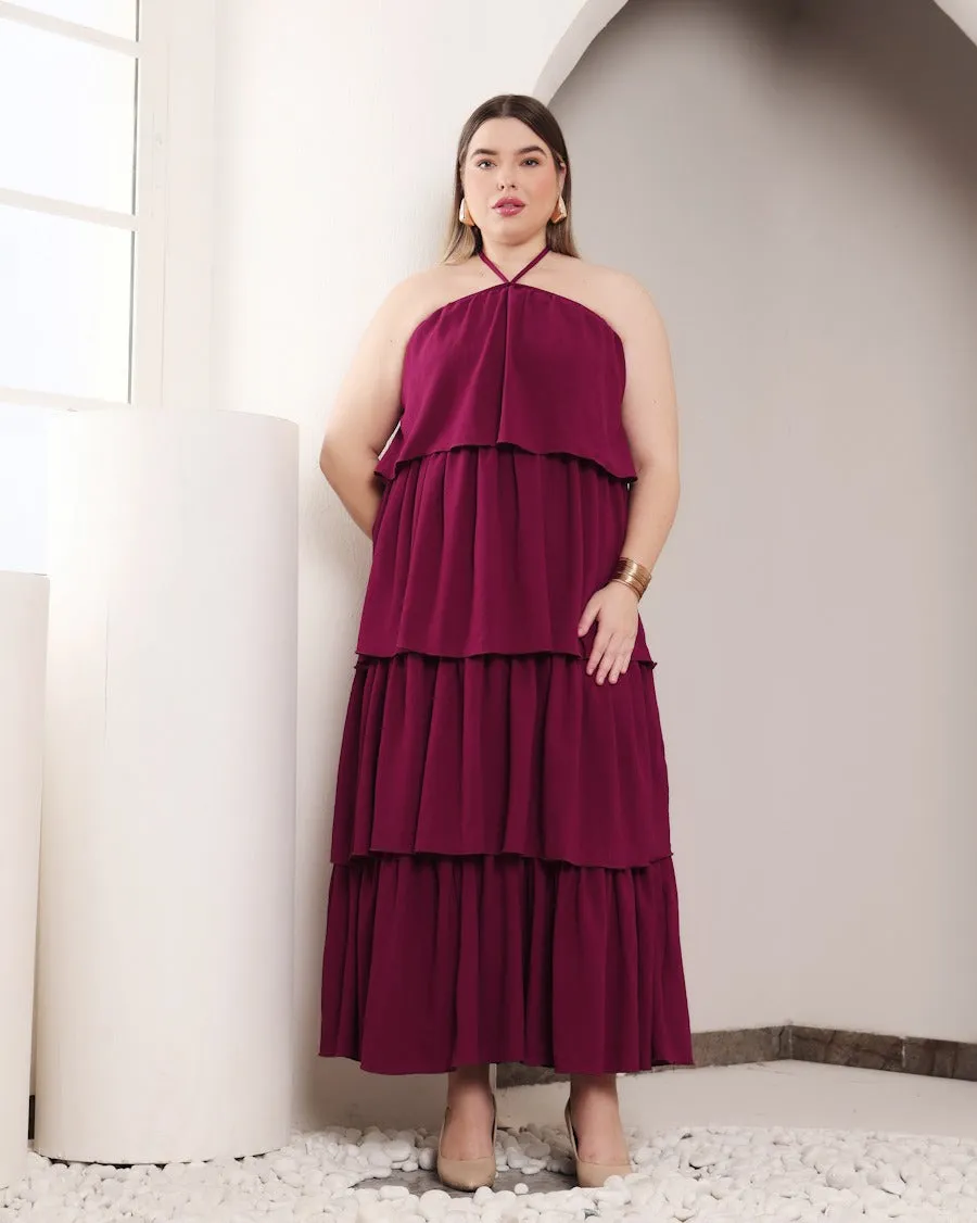 Maroon Solid Layered Off Shoulder Dress