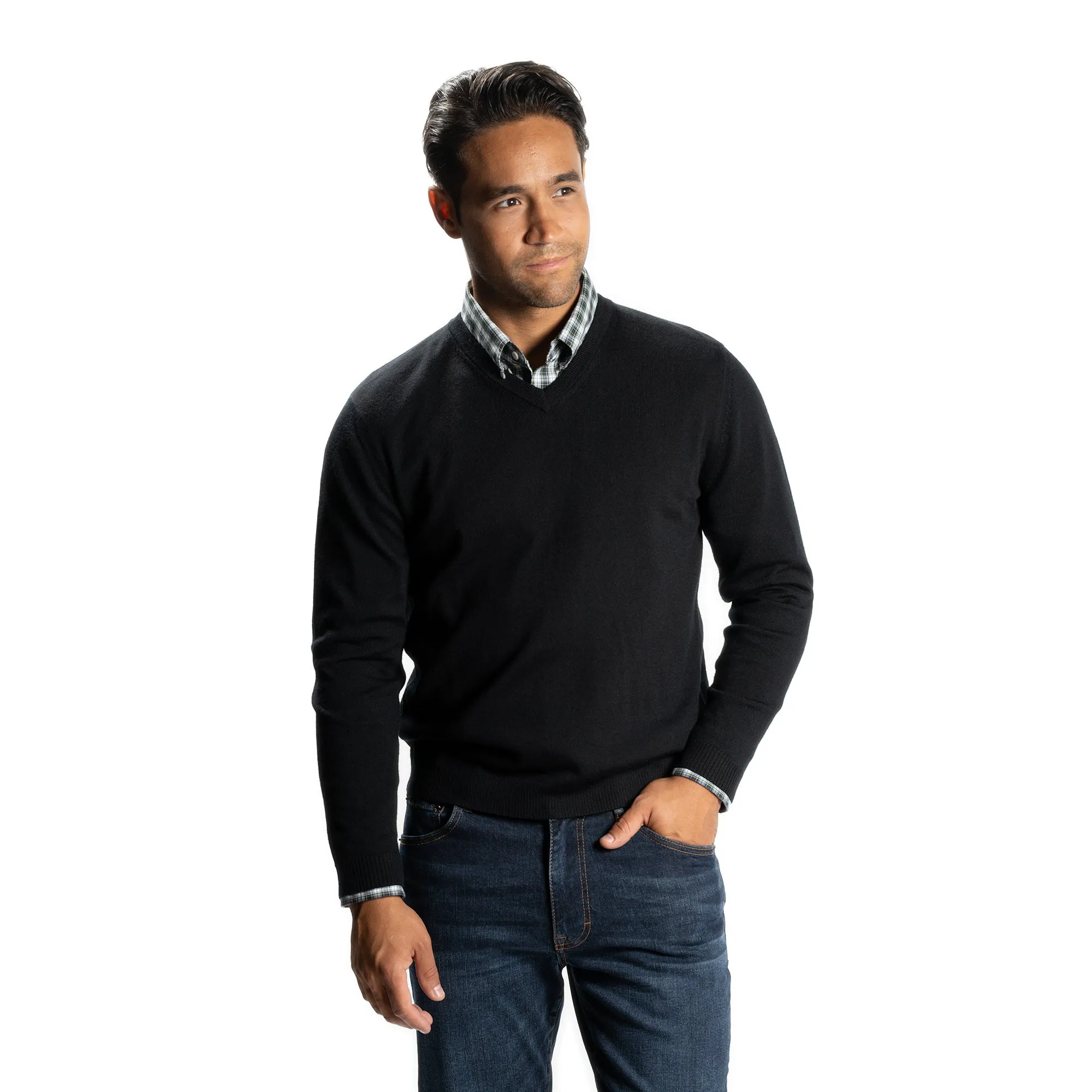 Merino Wool Sweaters V Neck - Black